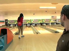 Bella loosing her ass at bowling to Jayla Foxx, he takes off her shorts, bents her over and licks out her asshole